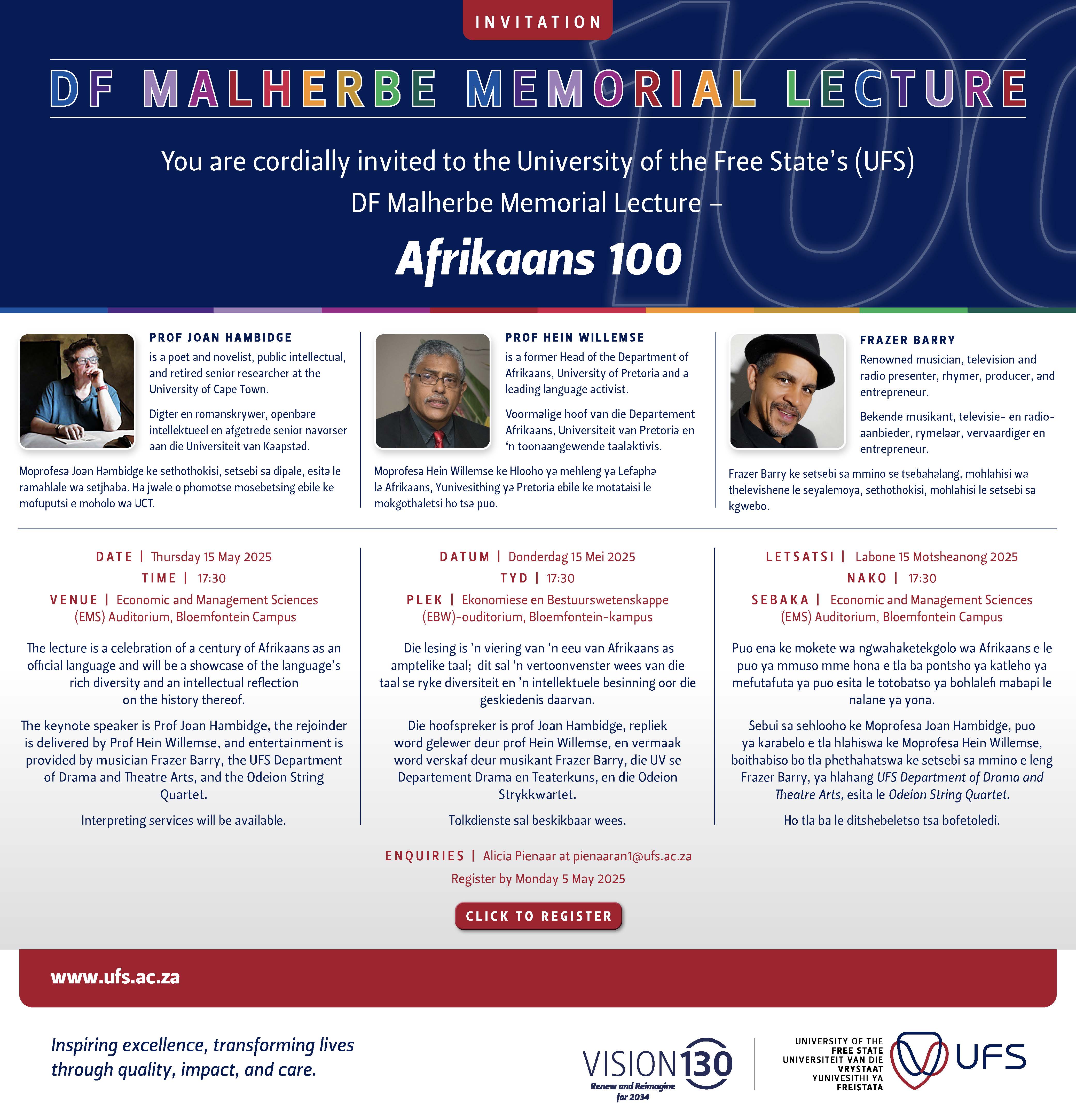 Uitnodiging Afrikaans 100 DF Malherbe-gedenklesing